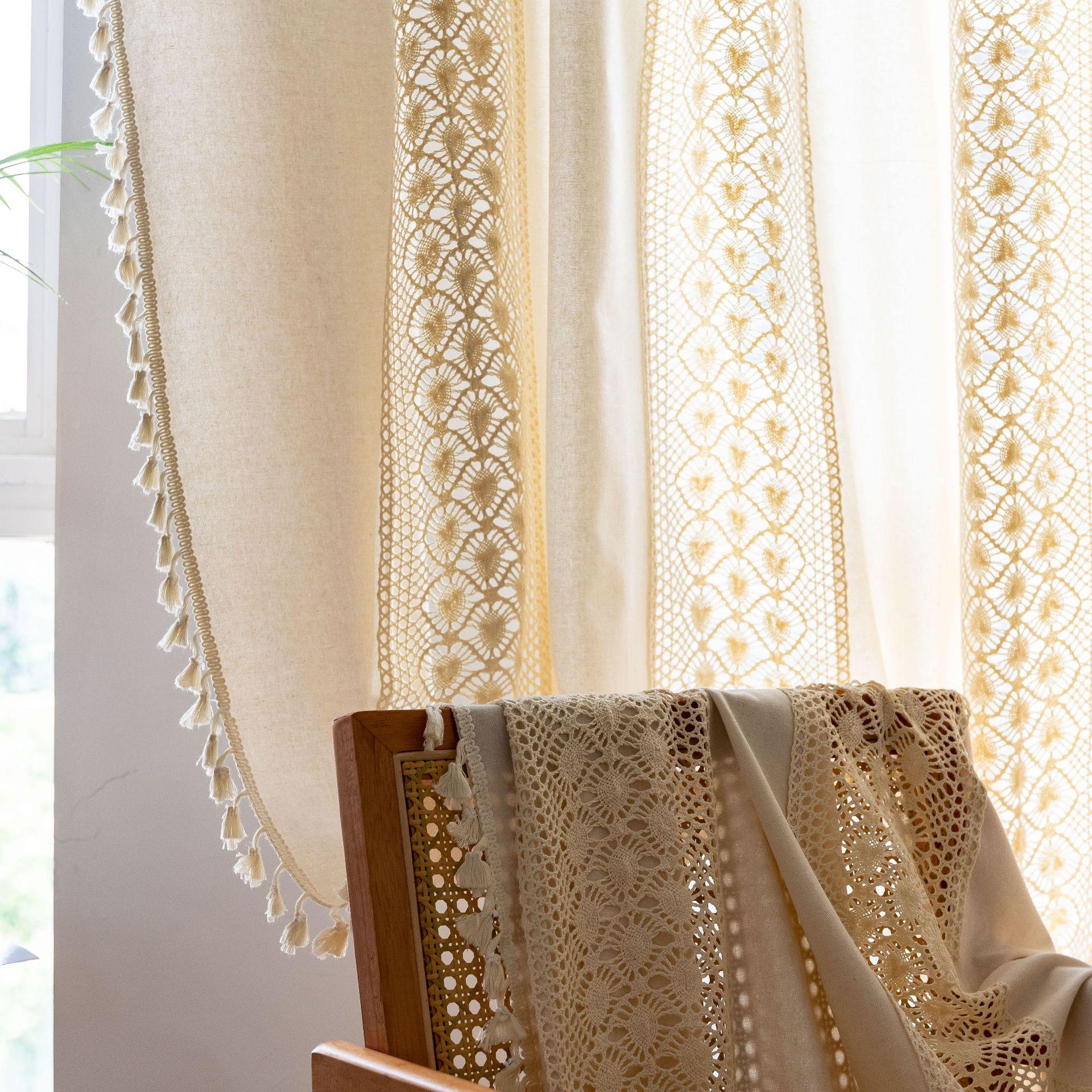

Finished Curtains American Crochet Lattice Splicing Kitchen Partition Curtain Semi-Transparent Small Window Floating Curtains Width 150 * Height 220cm