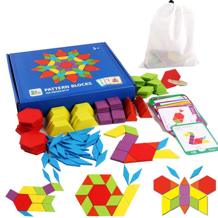 155-Piece Wooden Tangram Puzzle: 3D Geometric Shapes for Early Education and Creativity