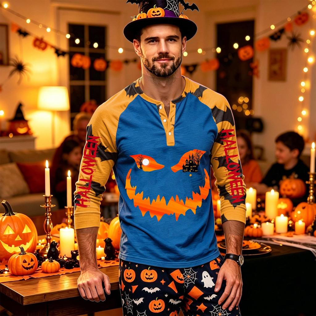 Men's Long Sleeve Shirt with Halloween Print Pattern for Casual Wear