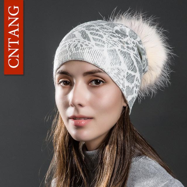 

Cntang Knitted Warm Double Layer Silver Print Wool Hats Women Autumn Winter Caps With Natural Fur Pompoms Beanies Fashion Hat