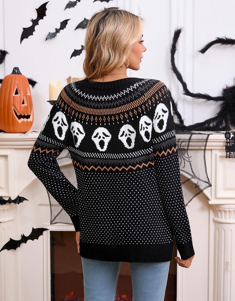 Women's Halloween Skull Jacquard Sweater: Autumn/Winter European & American Style, Round Neck, Long Sleeve Knitwear