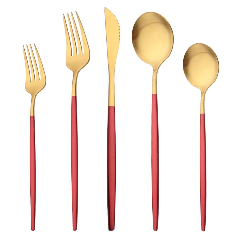 5Pcs/Set Pink Gold Tableware Stainless Steel Matte Dinnerware Cutlery Set Flatware Knife Dessert Fork Spoon Kitchen Accessories For Home