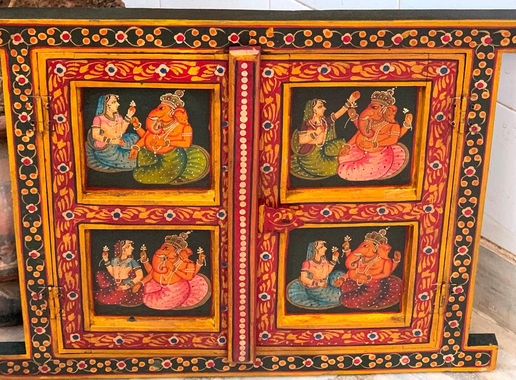 Painted Jharokha Wooden Frame: Antique Hindu God Ganesha Wall Decor