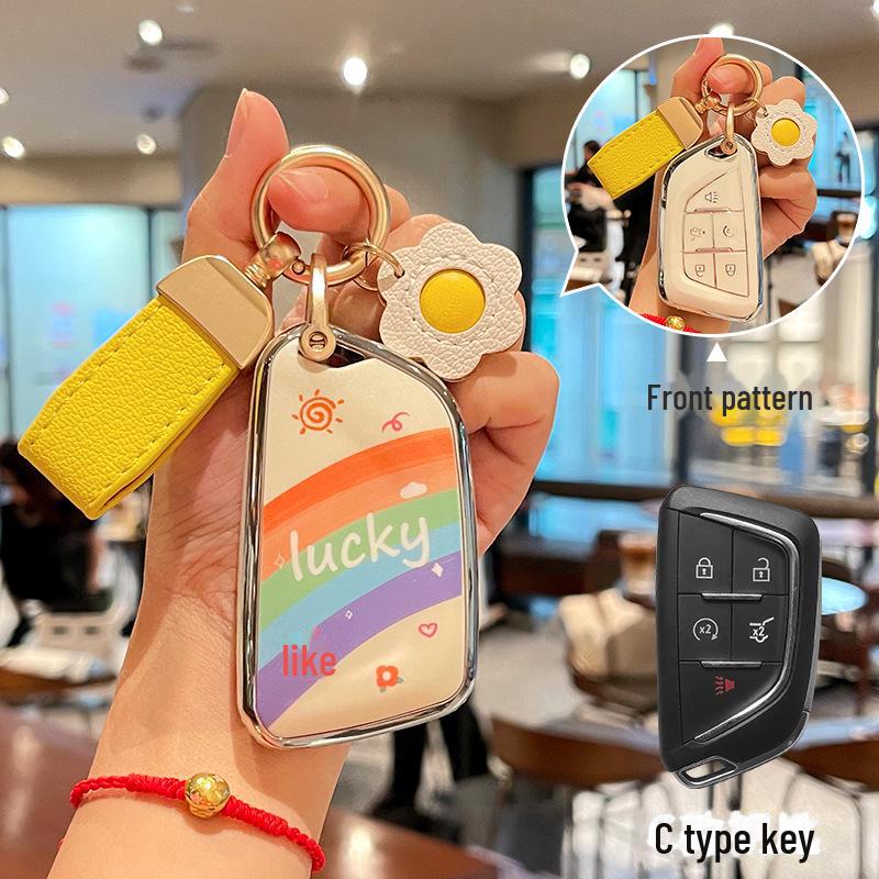 Cadillac CT5 Rainbow Cartoon Pattern Key Cover: Full Package TPU Protective Shell for XT5/XT4/XT6 Model.