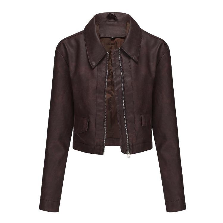 Women Fashion Slim Fit Pu Leather Jacket Long Sleeve Lapel Collar Zipper Outerwear for Fall Winter