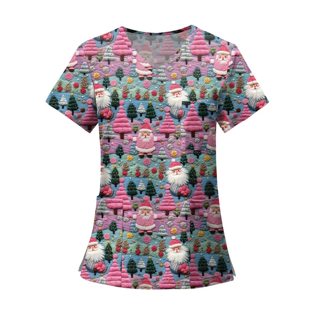 Women's Fashion Printed Short Sleeve V Neck Pattern Tops Pocket Working T-shirts