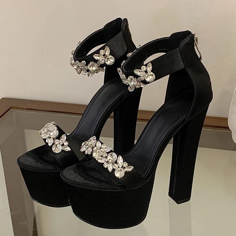 Eilyken Fashion Sexy Open Toed Rome Rhinestone Platform Sandals Ultra-high Thick High Rear Zipper Women Banquet Party Dress Shoe