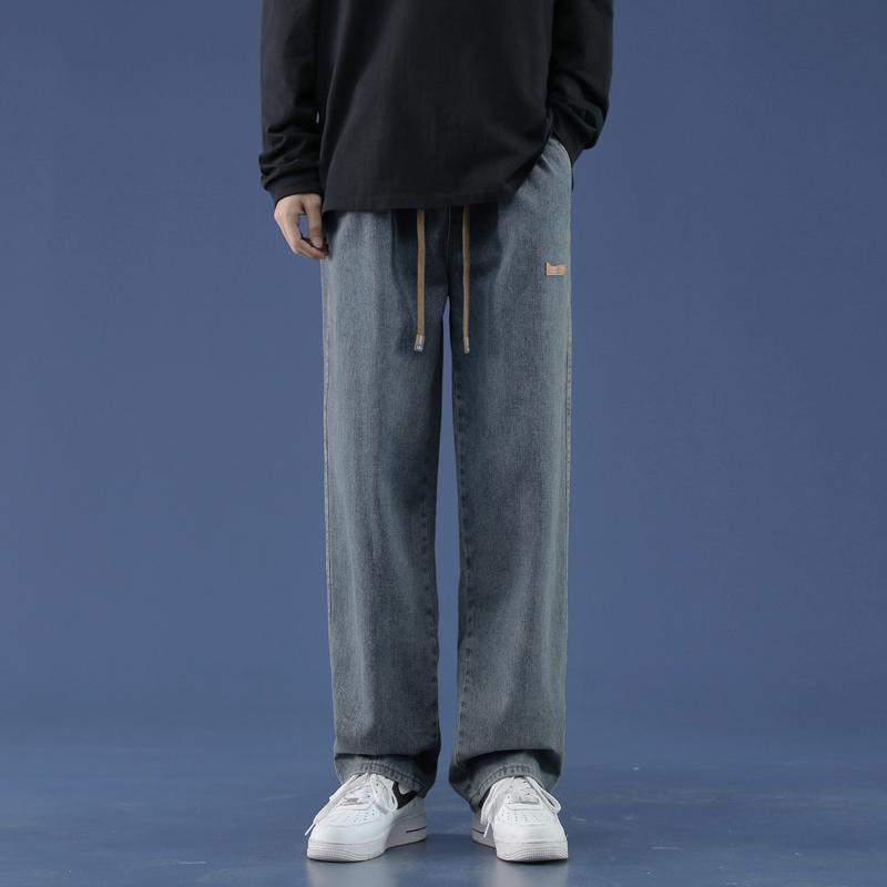 Calças Jeans Largas Casuais Elásticas na Cintura para Homem Streetwear Calças Retas Primavera Outono