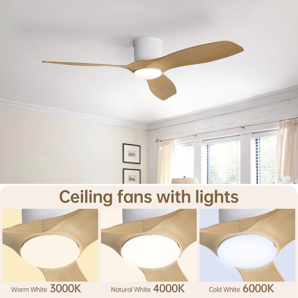 52-Inch Flat Ceiling Fan with Remote Control, 3 ABS Blades, Reversible DC Motor, Super Quiet Operation, and Dimmable LED Lighting.