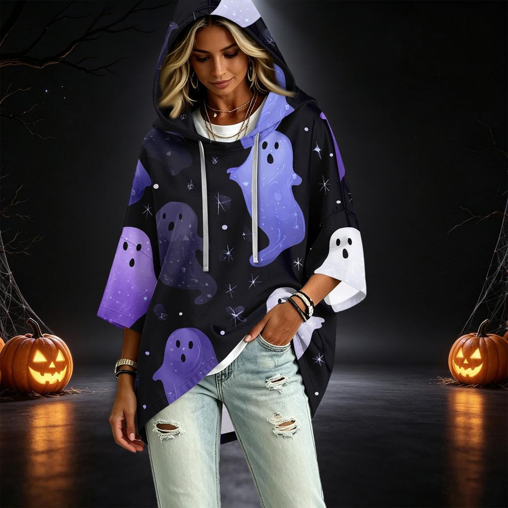 Women's Casual Three-Quarter Sleeve Halloween Print Hooded Pullover Top