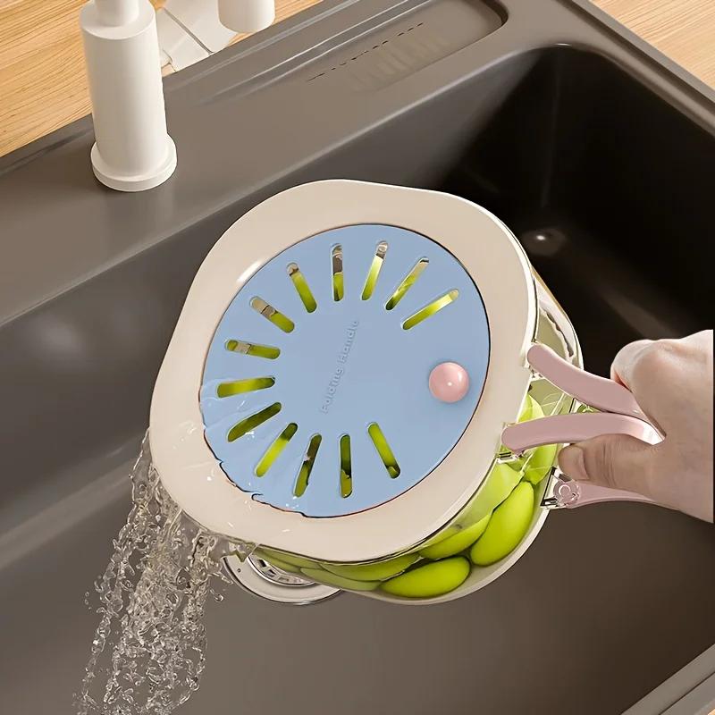 Home Multifunctional 2-in-1 Thick Drain Basket with Lid, Hidden Foldable Handle. Washable Fruits and Vegetables. Easy To Clean