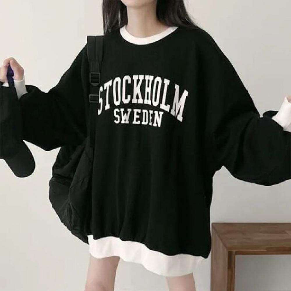 Navava Women Loose Fit Color Block Lettering Long Sleeve Sweatshirt Nt3031