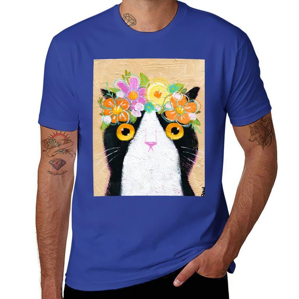 Kittys Flower Crown TShirt Aesthetic Clothes Customs for a Boy Black Tshirts for Men