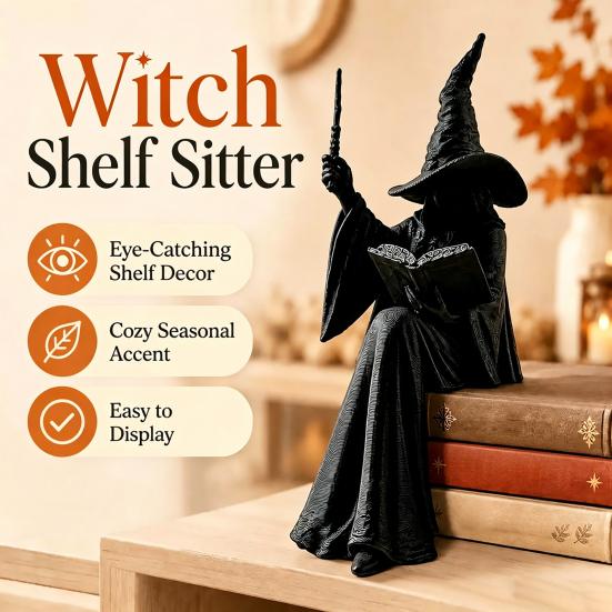 Black Witch Figurine for Home Shelf Faceless Sitter Figurine, 3D Printed Wizard Statue with Halloween Party Tabletop Decoration Wand Spell Book,