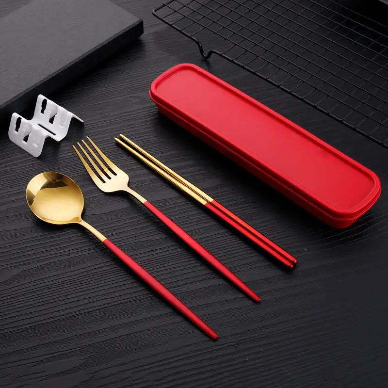 3pcs Thin Portuguese Portable Stainless Steel Cutlery Chopsticks, Forks, Spoons, Student Home Outdoor Picnic Tableware