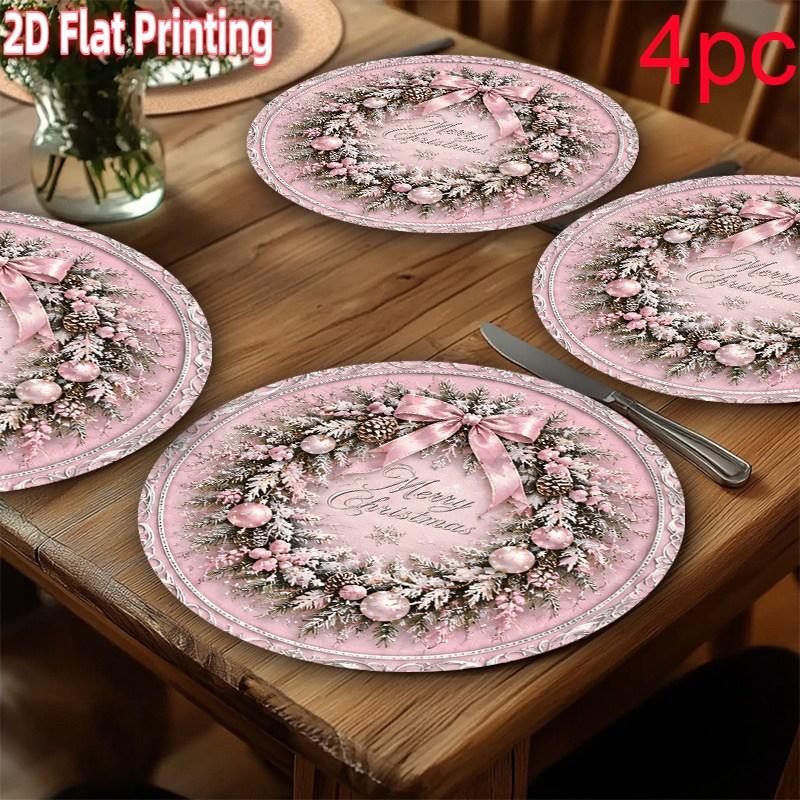 Linen Scalloped Placemats, Green Santa Snowy Forest, Washable Stain Resistant Easy Clean, Christmas Dinner