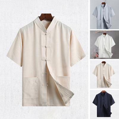 Vater Sommer Oberteil Einfarbige Kurzarm Schnalle Chinesischer Stil Stehkragen Tägliche Kleidung Einreiher Chinesische Kleidung Tai Chi Kleidung Herrenkleidung