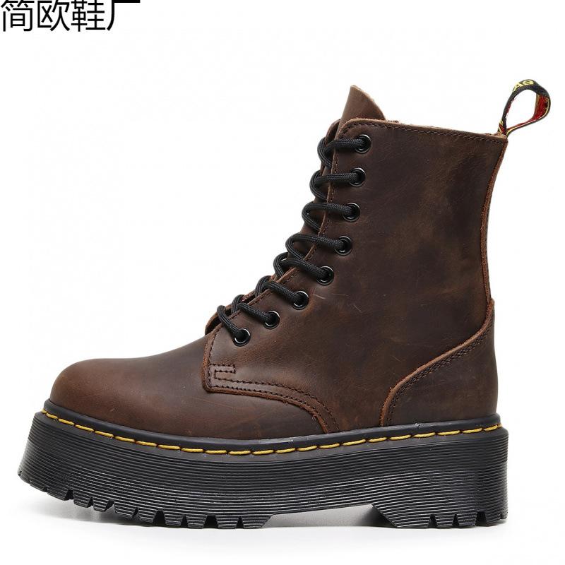 Top layer platform locomotive boots women, side zipper Crazy Horse brown short boots leather loose