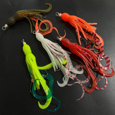5pcs Glow-in-the-Dark Octopus Soft Baits with BBK Iron Plate Hooks - Colorful Silicone Squid Lures for Night Fishing