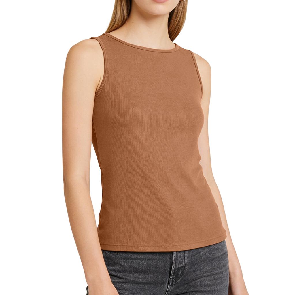 Women Wide Shoulder Padded Tank Top Round Neck Yoga Vest Ribbed Knit Undergarment Basic Layer Sleeveless Sportswear