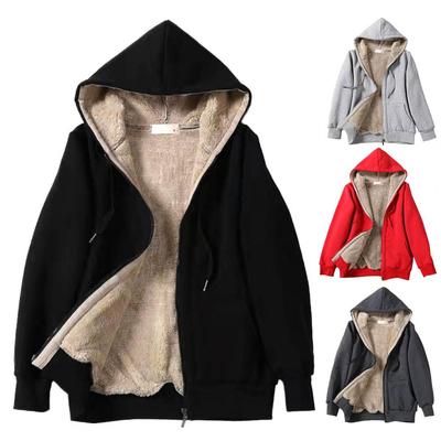 Women Hoodie Fleeced Lined Solid Color Jacket Autumn Winter Loose Drawstring Sweatshirt Coat Outwear Parka Warm Hooded Coat