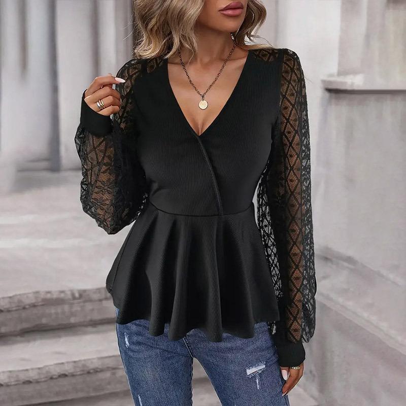 Ladies Summer Temperament Mesh Splicing Deep V Lace Top