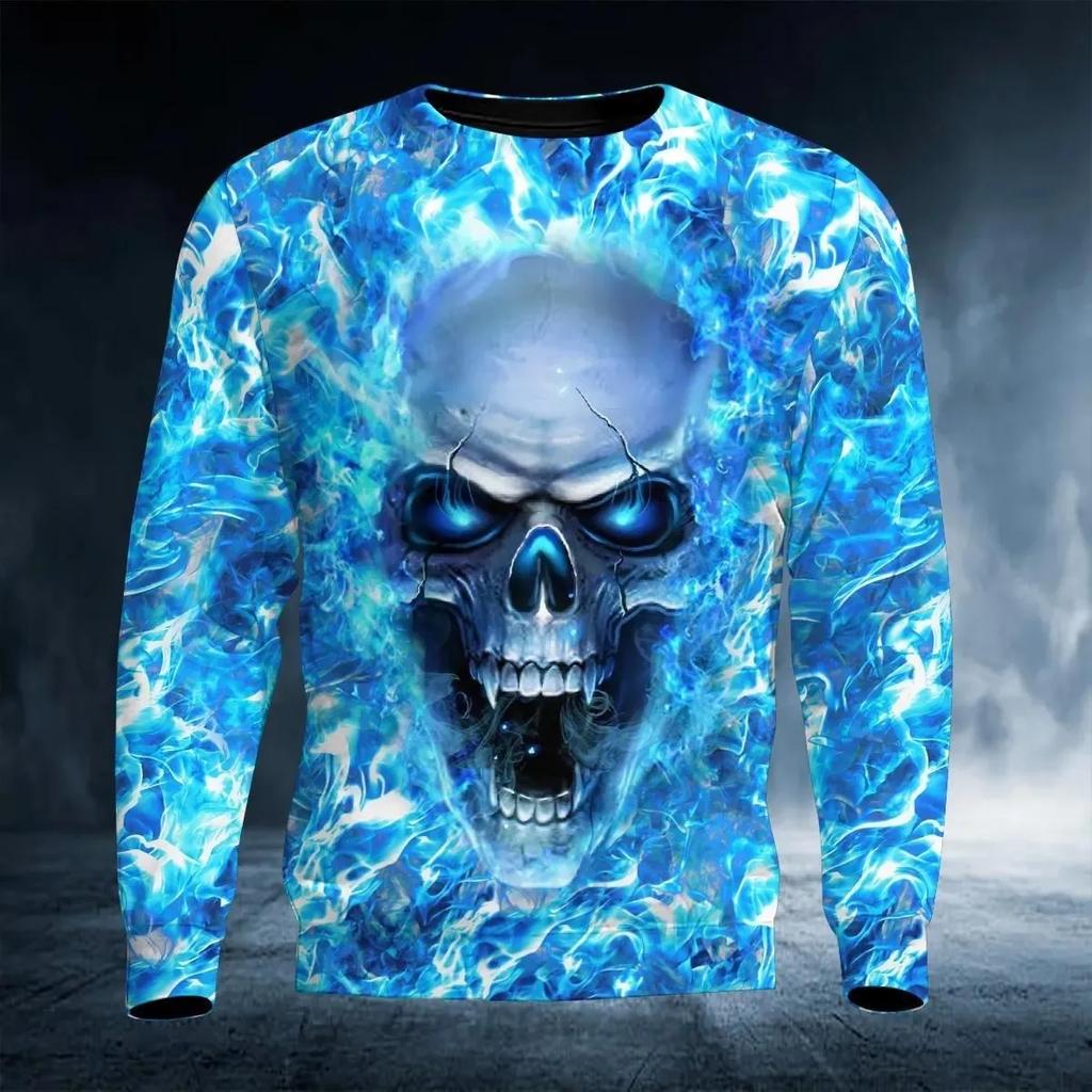 New Men's Autumn Round Neck Long Sleeve T-shirt Retro Skull 3D Pattern Print T Shirts Casual Fashion Tops Men's Clothing Tees