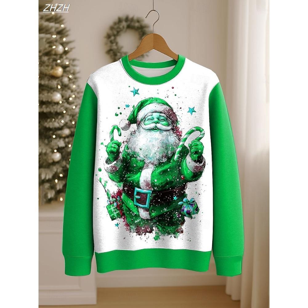 Women's Christmas Santa Print Sweatshirt, Festive Pullover Crewneck, Long Sleeve Holiday Top, Spring Fall Casual Wear