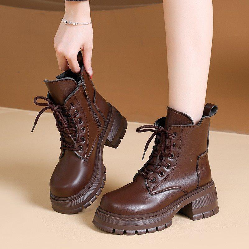 New sub-platform Martin boots women's versatile 2025 locomotive thin boots black autumn and winter single boots lace-up short boots none