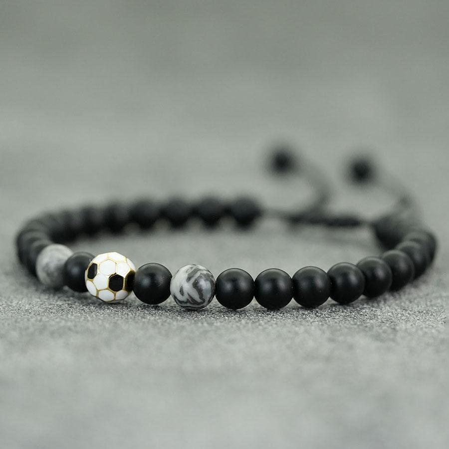 Handgeflochtenes Fußballarmband für Herren, verstellbar, schwarze 6mm Onyx-Steinperlen, Armband für Sportbegeisterte, Fußballarmband, Pulseria
