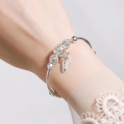 Sterling Silver Plated Bracelet for Women, Push-pull Bracelet, Fashionable Hollow Girly Tassel Feather