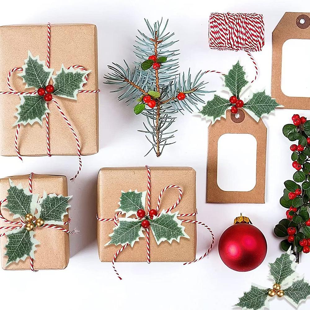 10Pcs Artificial Holly Berries Green Leaves for Christmas Decoration Fake Leaf for Home Decor Navidad New Year Gift Accessories