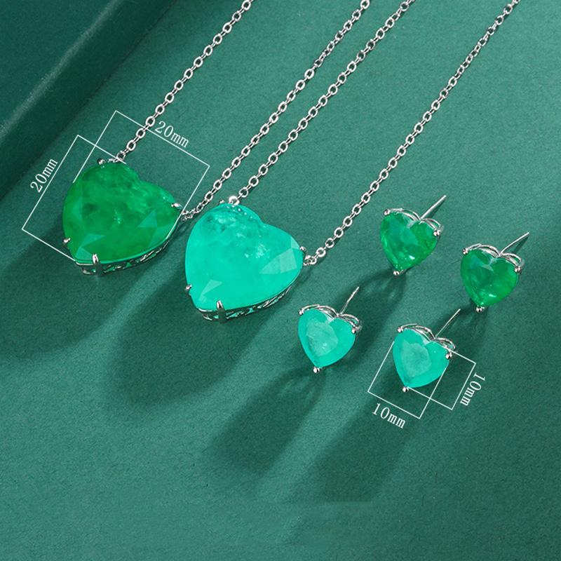 Set di gioielli in Argento Sterling 925 con Smeraldo Paraiba Cuore Semplice Collana Orecchini per Donne Ragazze Vintage Tormalina Pietra Preziosa Parte