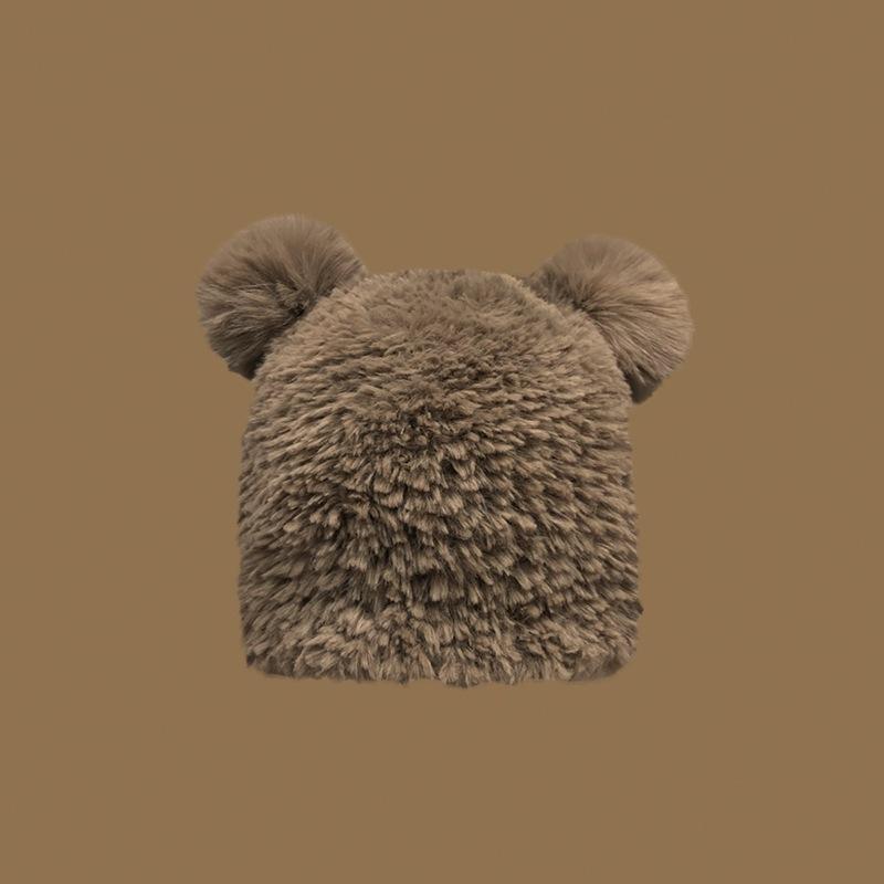 

Bear Ears Plush Hat for Women Winter Wool Knitted Hat Large Head Circumference Warm Ear Protection Fur Hat one size