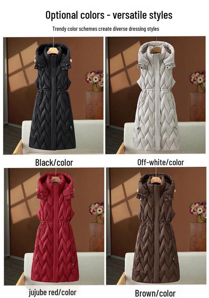 Women's Mid-Length Hooded Thick Cotton Vest - Autumn/Winter Korean Style Plus Size Gilet Jacket