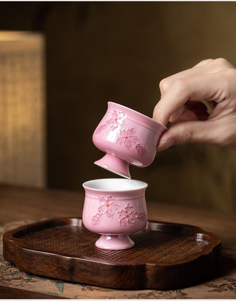 Hand-Painted Pink Kung Fu Tea Cup Set for Women - High-Grade Underglaze Color Tasting Cup