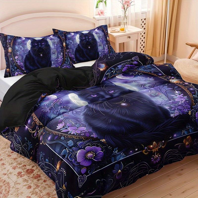 3pcs Mystic Black Cat Bedding Duvet Cover Set Moonlit Cat Bedding Quilt Set Purple Floral Themed Bed Set Elegant Moon & Stars