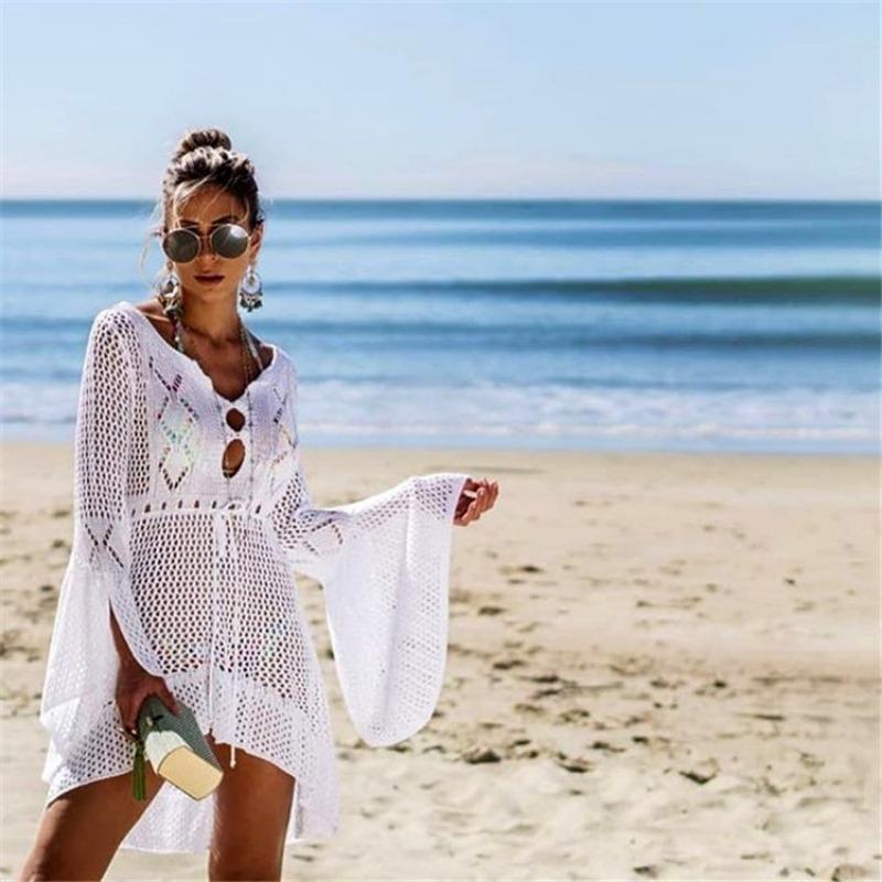 Women's Hollow Out Sun Shirt Flared Sleeve Beach Cover Up Bikini Outer Shirt Knitwear