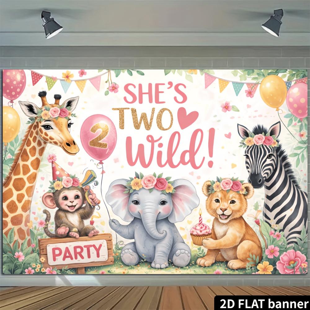 2D Jungle Animal Theme 2Nd Birthday Party Banner Background, Cartoon Giraffe, Monkey, Elephant, Lion, Zebra Images