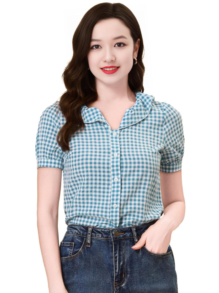 Short Sleeve Ruffled Check Pattern Puff Casual XL [Allegra K] Women's Blouse, Blouse, Shirt, Office, Sleeve, Top, Slimming, Stylish, Commuting, OL,