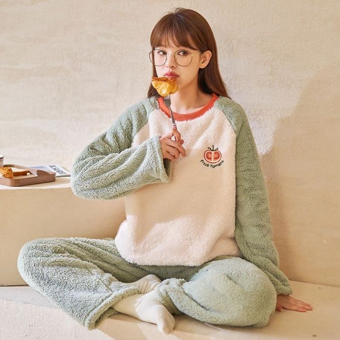2024 Autumn Winter Flannel Warm Women's Pajamas Sets Long Sleeve Women Sleepwear Plaid Pants Two Piece Set Pyjamas Coral Velvet Pijama Homewear Girl