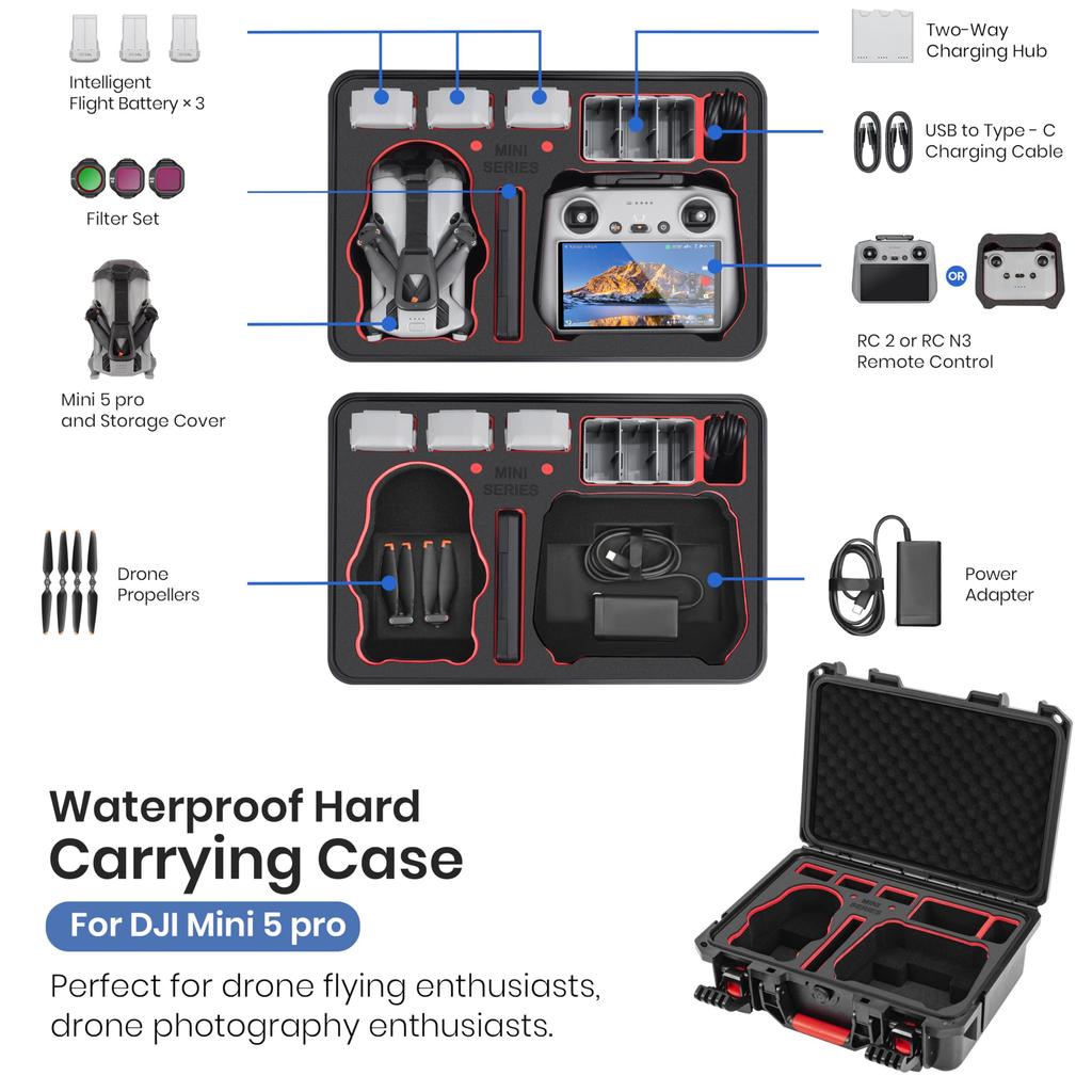STARTRC Mini 5 Pro Hard Waterproof Hard Carrying Case for Mini 5 4 3 Accessories Case, Pro/Mini Pro/Mini (RC2/RC-N3)