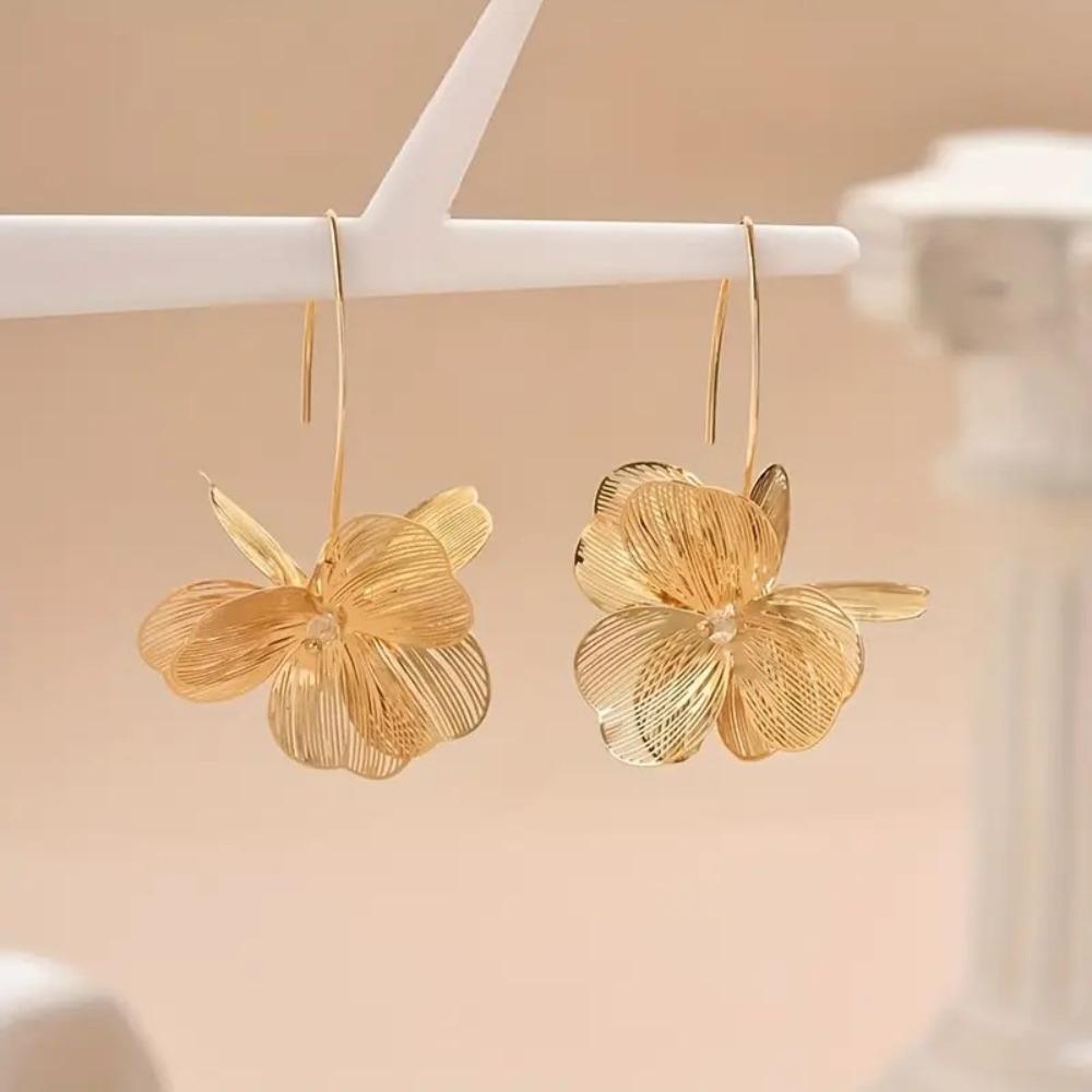 Exaggerate Gold Silver Color Flower Big Hoop Earrings Elegant Fashion Dangle Earring for Women Girl Ear Hook Metal Charm Jewelry