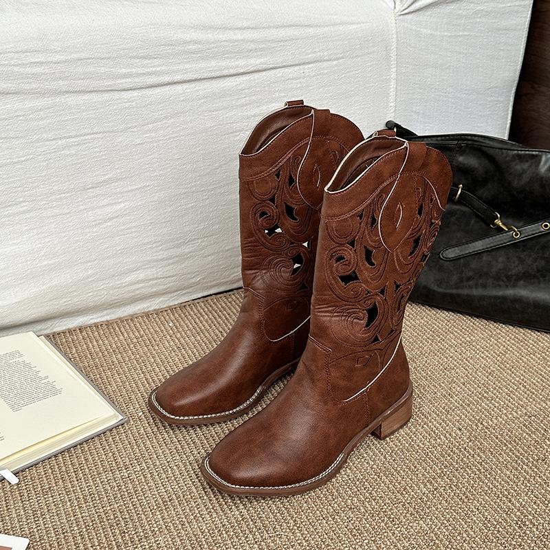 Fashion Retro Hollow Embroidered Western Cowboy Boots Women's 2025 Summer New Versatile Outer Wear Thick Heel Knight Boots