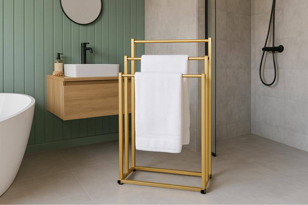 Supporto da bagno, tre bracci, oro, metallo, appendiabiti moderno, portaoggetti