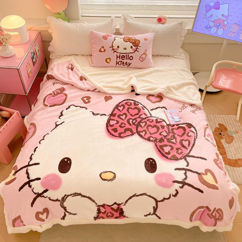 Throw Blanket Hello Kitty Melody Cinnamoroll Large Cartoon Lamb Fleece Double-Layer Thickened Milk Fleece Blanket Plus Velvet