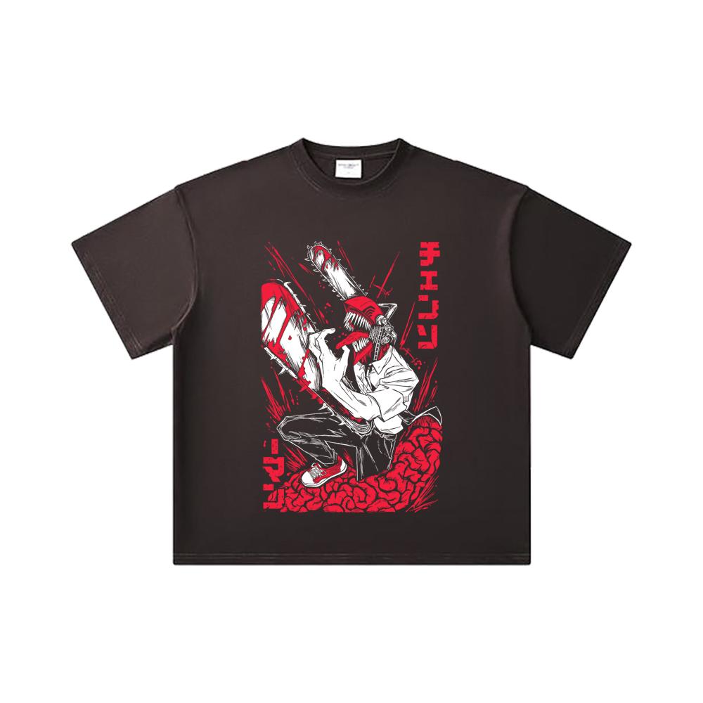 260 GSM Double Yarn 32 Count 100% Cotton Chainsaw Man V28 Denji Print Unisex Heavy Cotton T Shirt