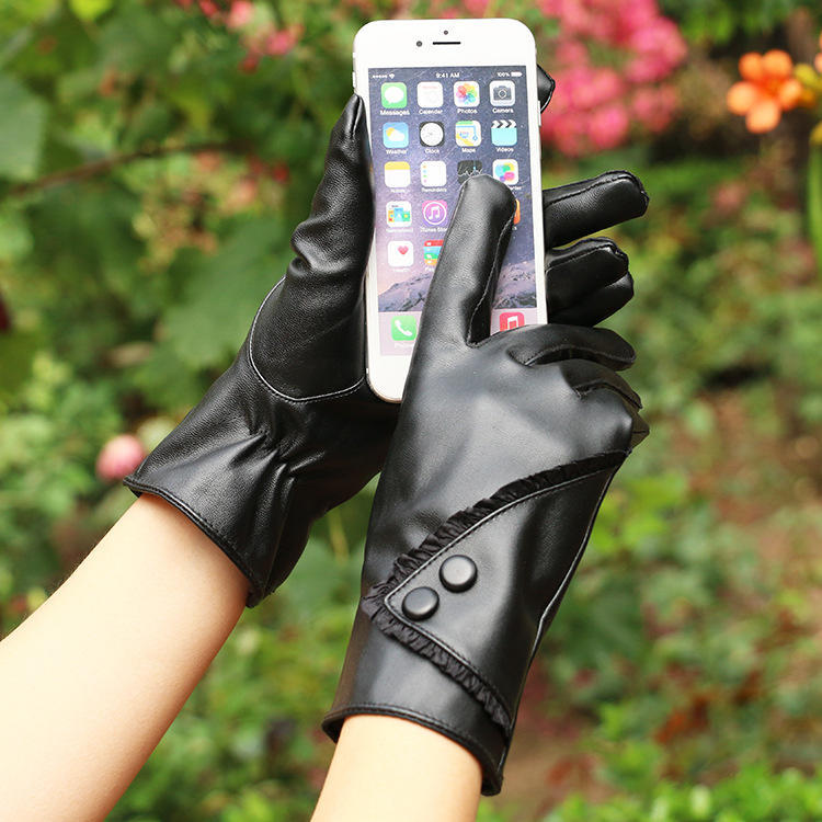 Autumn and Winter Women's PU Leather Gloves Gloves Lace Warm Plus Velvet Cold Proof Riding Touch Screen Gloves Winter