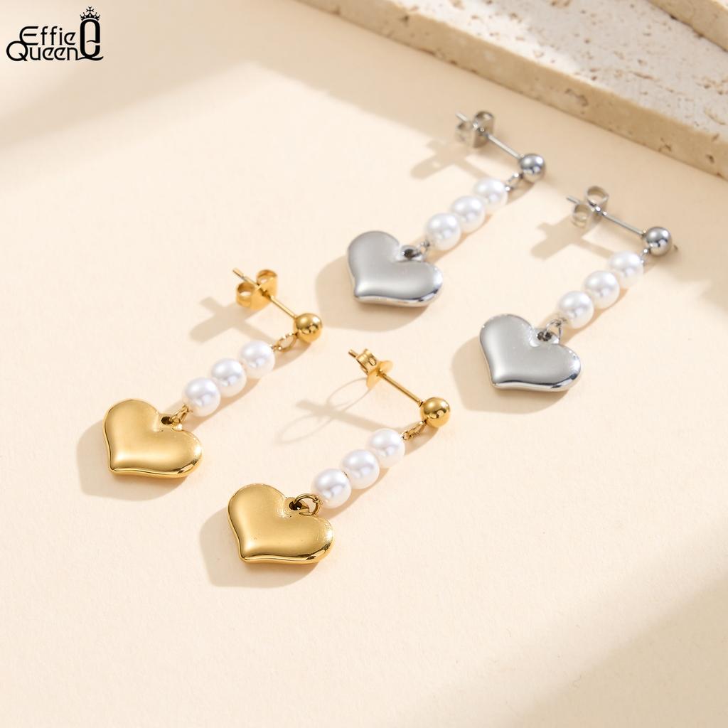 Effie Queen Stainless Steel 18k Gold Heart Style Pearl Drop Earrings Romantic Jewelry for Women Wedding Party Casual Gift STPE01