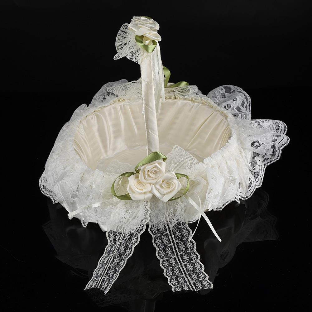 Romantic Lace Flower Girl Basket Bamboo Satin Bowknot Bridal Baskets for Wedding Party Decor